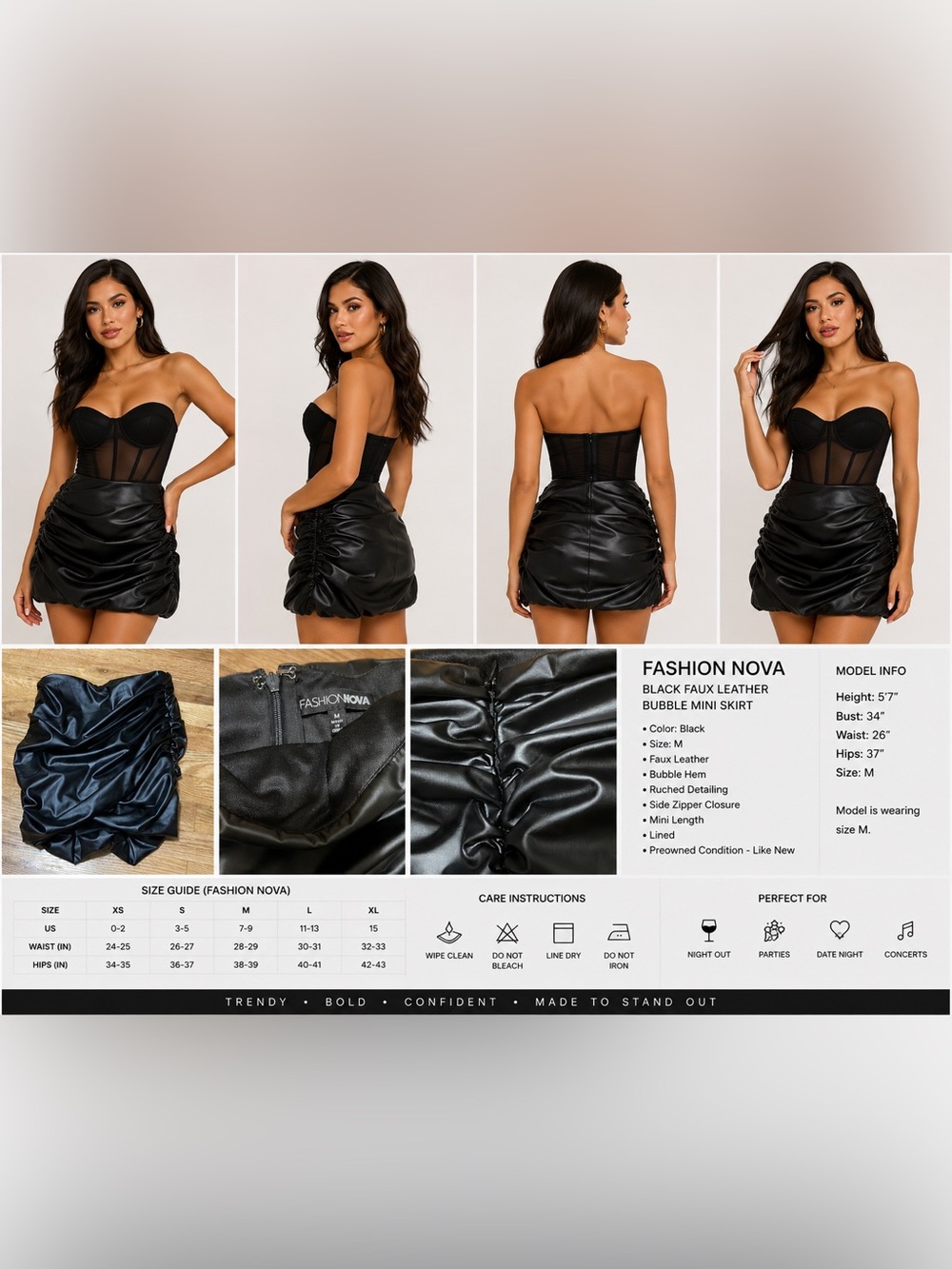 Fashion Nova Black Faux Leather Bubble Mini Skirt Size M Preowned